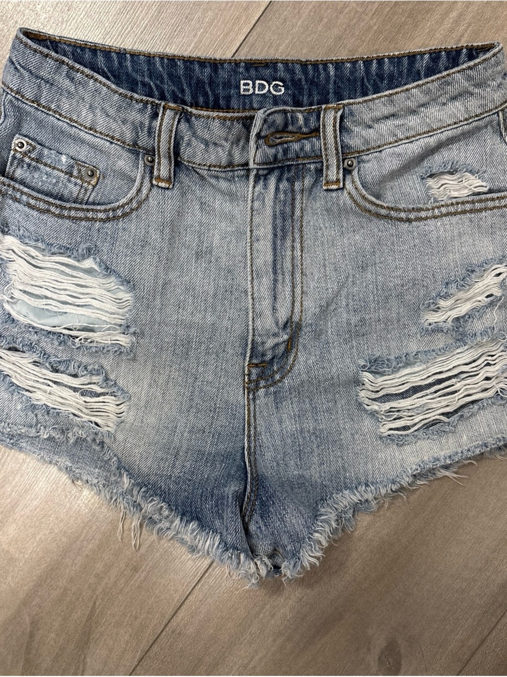 BDG Light Blue Distressed High-Rise Jean Shorts
